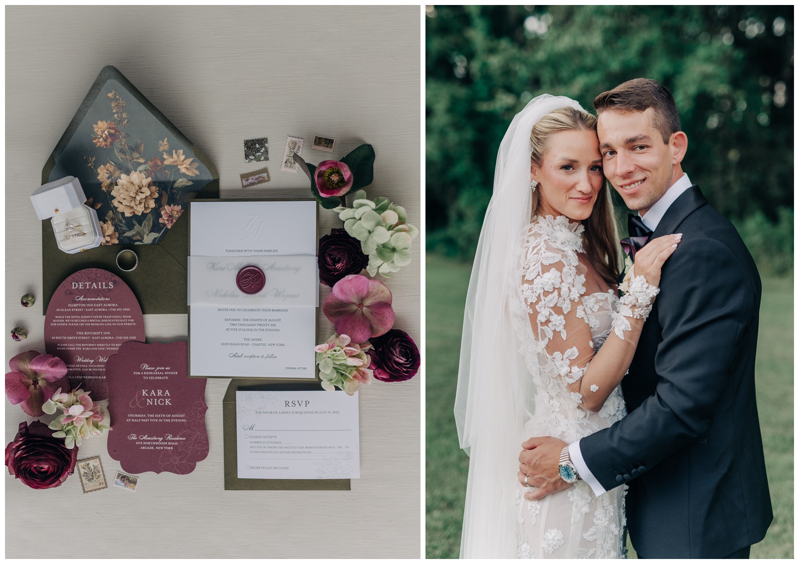 Burgundy and green wedding invitation suite with wax seal for wedding at The Annex WNY